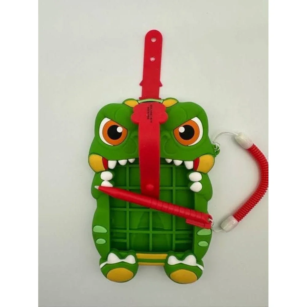 Green Dinosaur Silicone Luggage Tag with Red Stylus Pen and Paw Print Strap